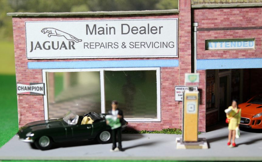 Kingsway Special, 00 scale, Jaguar Main Dealer Garage with two cars, ready made.