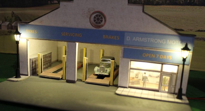 Tyre Depot With Street Lights and Lit office ,00 scale, ** ready made **