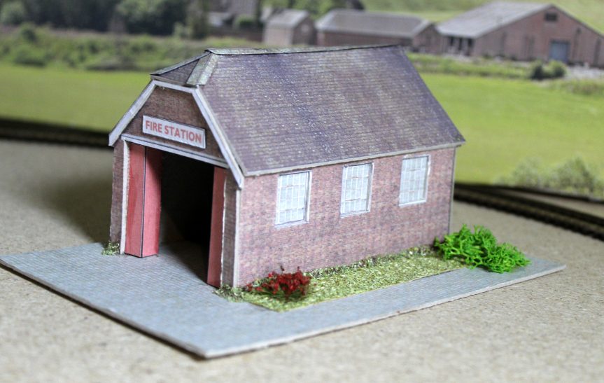 TT:120 Scale Country Fire Station on Cobbled Base, Ready-Made.