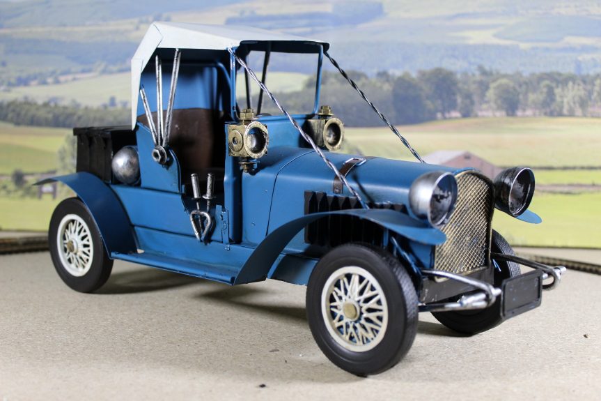 Large Replica Tinplate Blue Vintage Car model- Display Item, 37 x 15 x 13 cm.
