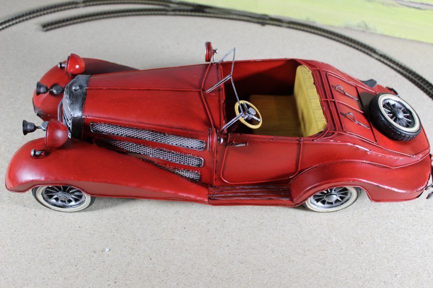 Large Replica Tinplate Red Vintage Car model- Display Item, 41 x 15 x 11 cm.