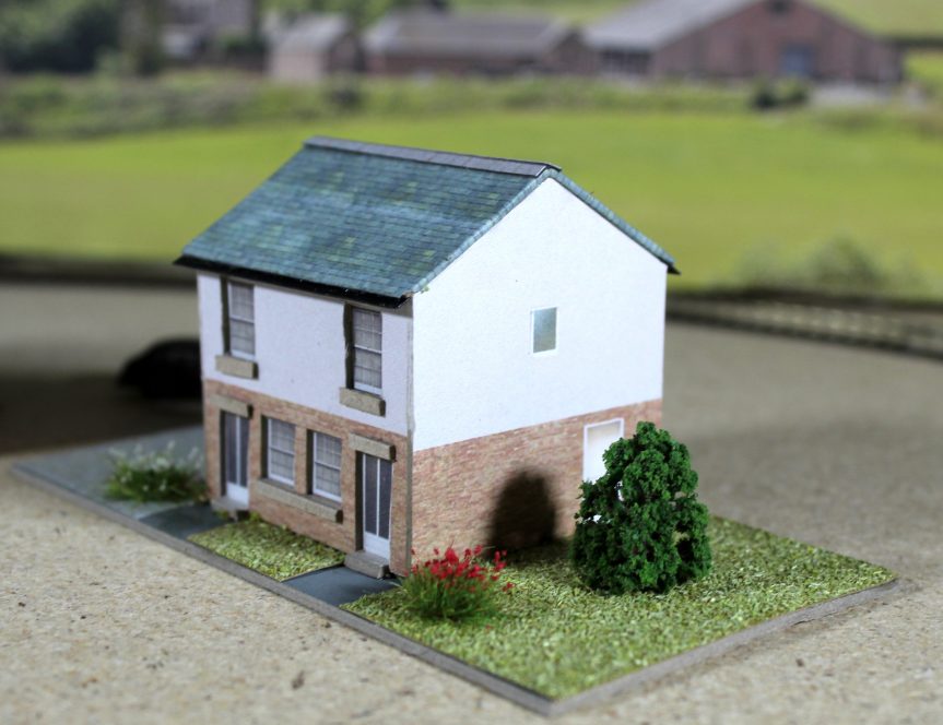 TT:120 Scale two modern semi-houses with gardens on base. Ready-Made.