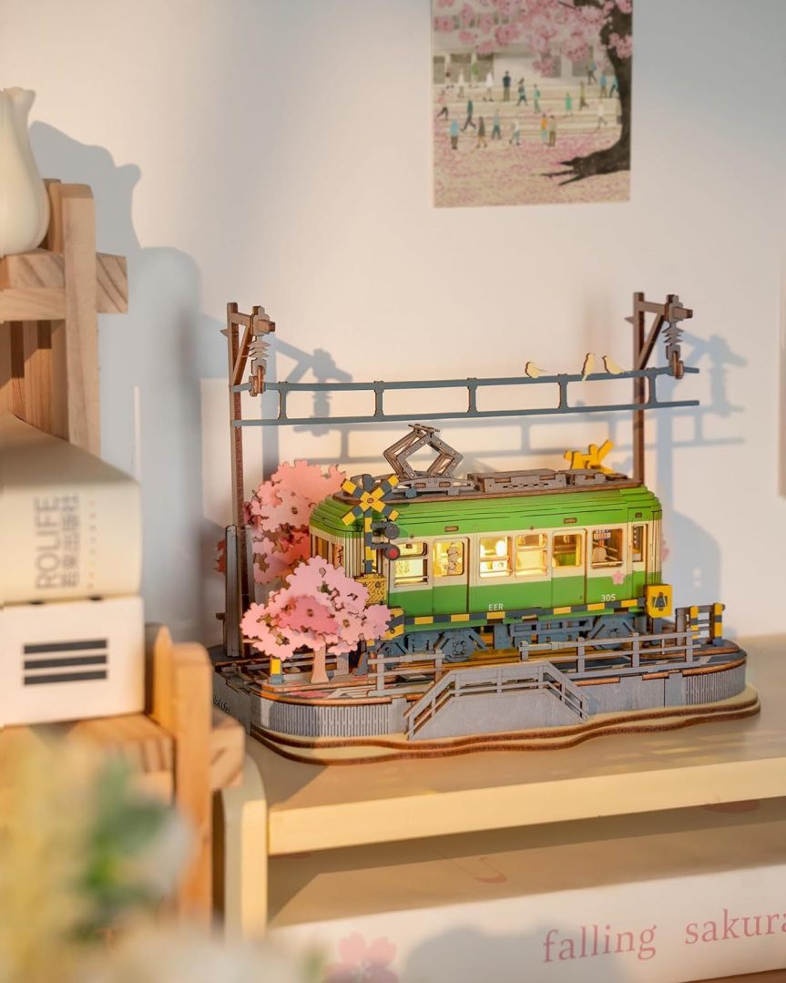 Rolife  Sakura Journey Tram Car 3D Wooden Puzzle Model Toys Teens Gift
