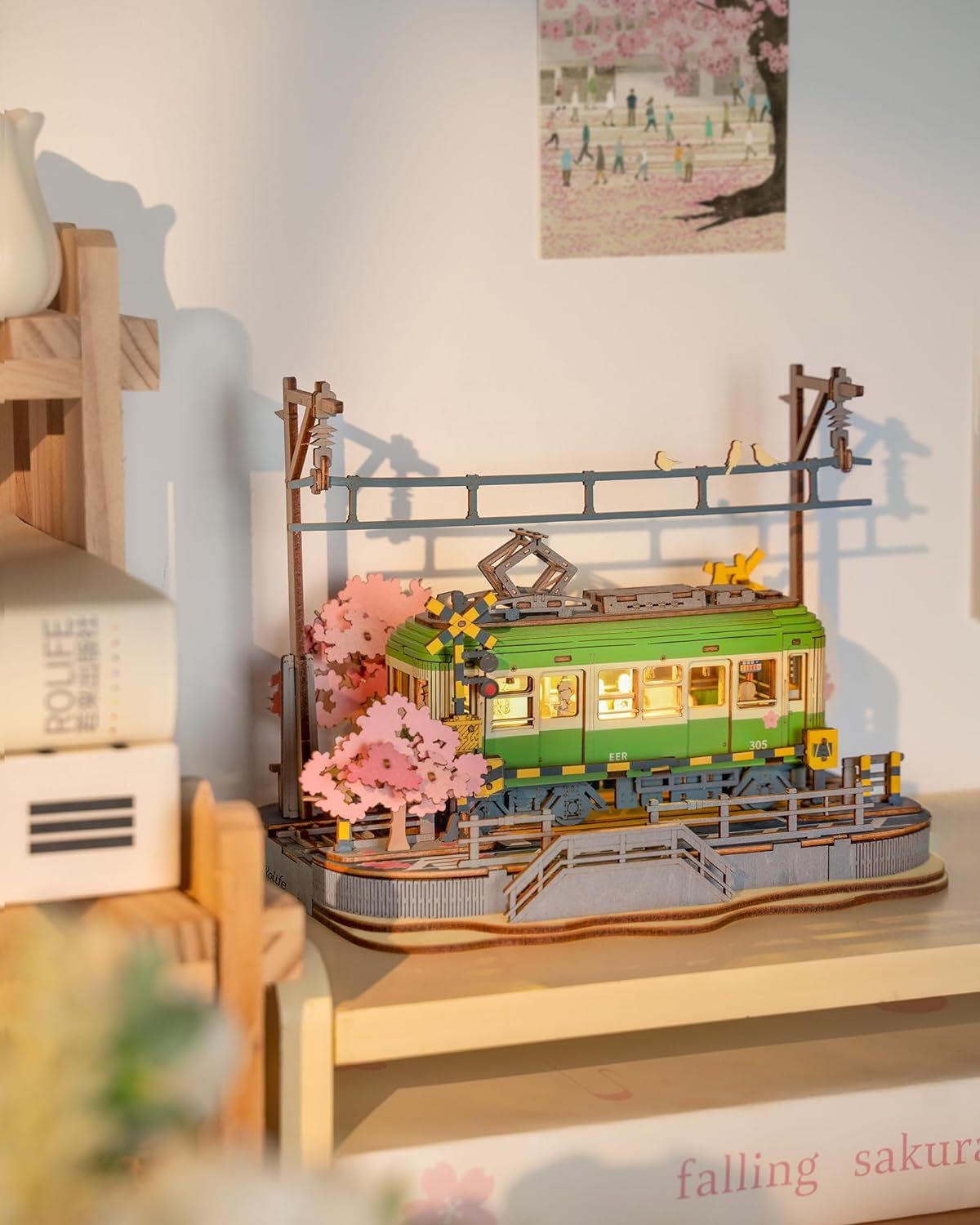 Rolife Sakura Journey Tram Car 3D Wooden Puzzle Model Toys Teens Gift