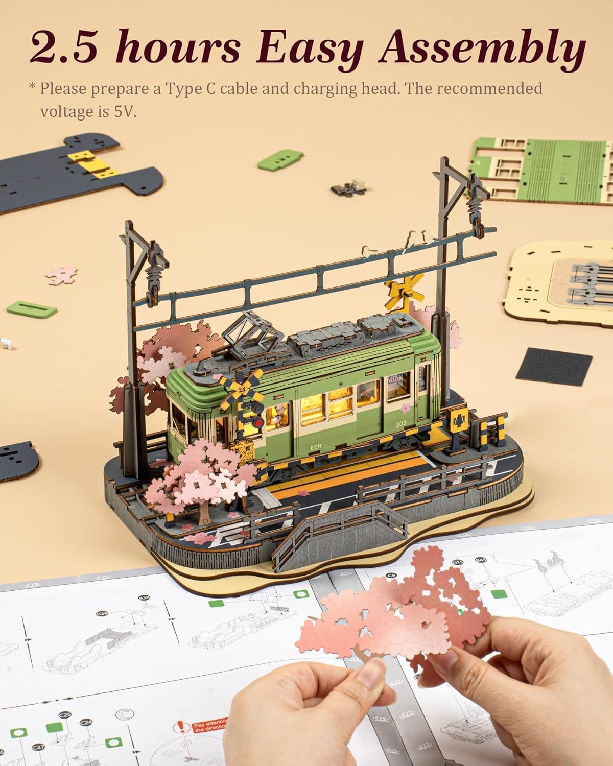 Rolife Sakura Journey Tram Car 3D Wooden Puzzle Model Toys Teens Gift - Image 4