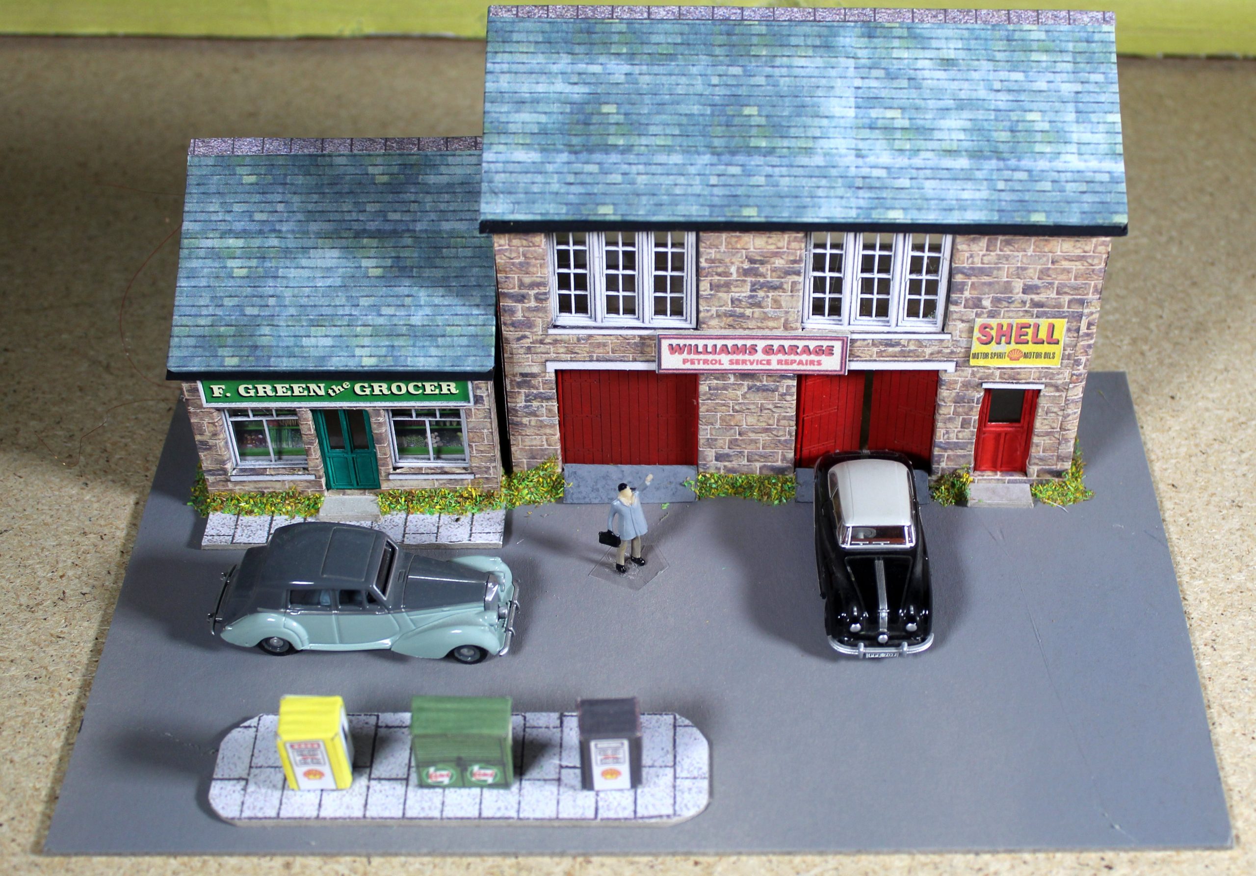 OO scale 1960s village grocers and garage, Exclusive, ** ready made **.