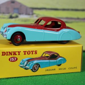Atlas Editions reproduction Dinky Toys 157 Jaguar XK120 in Red & Blue.